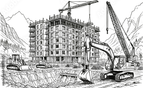 Detailed construction site line art featuring heavy machinery cranes excavators and a multistory building structure