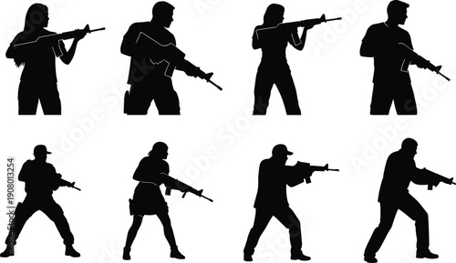 Black silhouettes of people holding guns armed