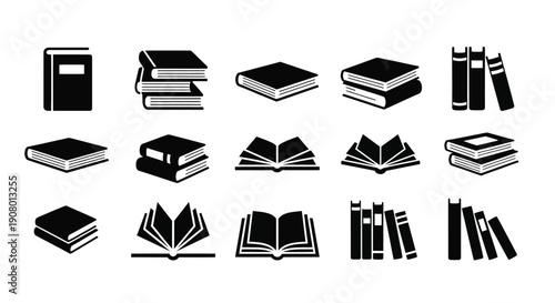 Collection of diverse black and white book icons representing various literature formats including stacked open and closed volumes for educational or library concepts