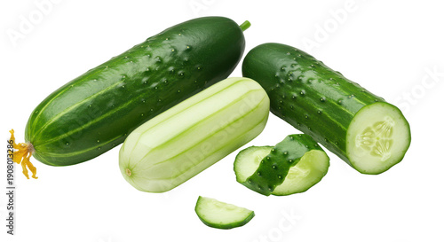 Crisp Cucumber Display: Vivid close-up shot of refreshing cucumbers, one expertly peeled to reveal its delicate flesh, alongside slices, emphasizing freshness and culinary versatility.