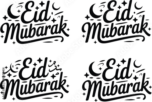 Creative eid mubarak typography with crescent moon and stars for holiday celebration