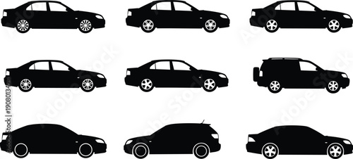 Black silhouettes of various cars on white background vehicle