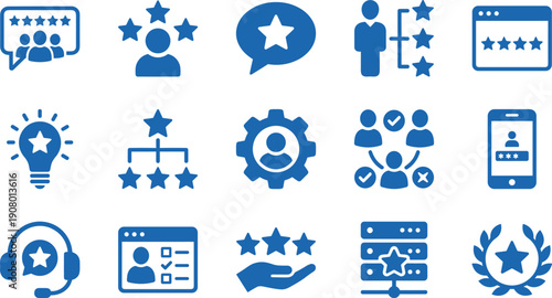 Customer Service, Quality Rating, and Review Solid Icons Set, Featuring Stars, Feedback, Excellence, User Profile, Headset Support, and Server Performance Symbols, Vector Illustration.