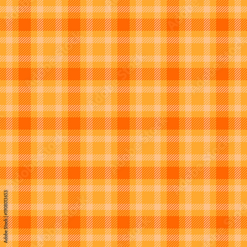 70s fabric seamless textile, mens shirt plaid check background. Kilt vector texture pattern tartan in amber and orange colors.