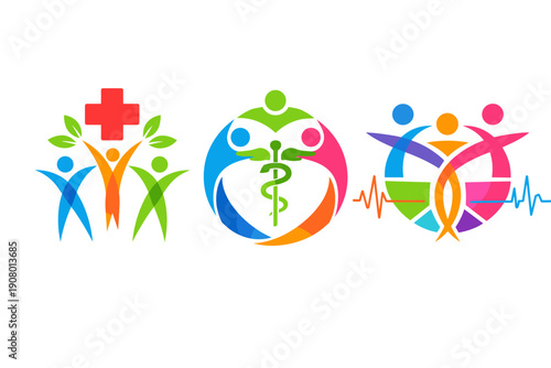 Colorful healthcare logo set with medical cross, family figures and caduceus in circles, plus heart ECG icon. Concept of community wellness, support and emergency care.