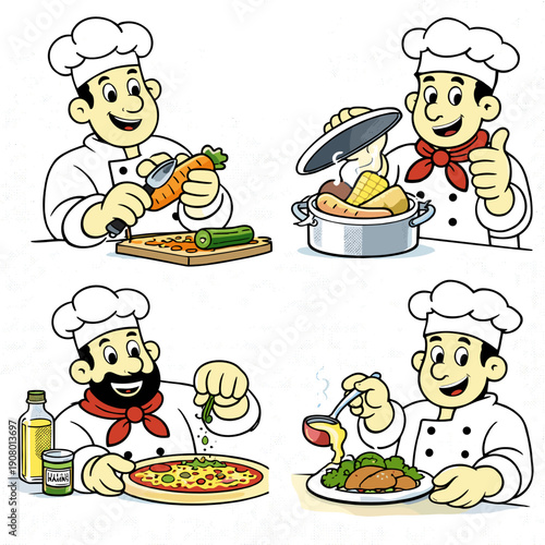Chef cooking set with peeling carrot on cutting board, lifting stew pot lid, sprinkling herbs on pizza, and pouring sauce over plated meat with greens. Fresh ingredients concept.