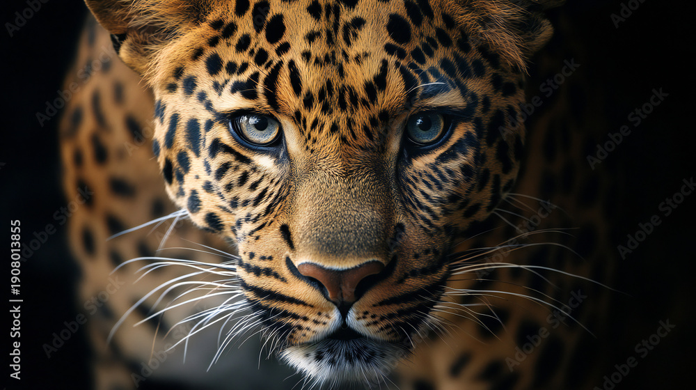 Obraz premium Close-up Portrait of a Cunning Leopard with Intense Blue Eyes in Dark Environment