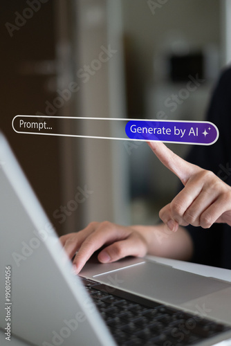 Person using generative AI artificial intelligence innovation creating media image voice music using text prompt command software personal assistant, digital technology concept