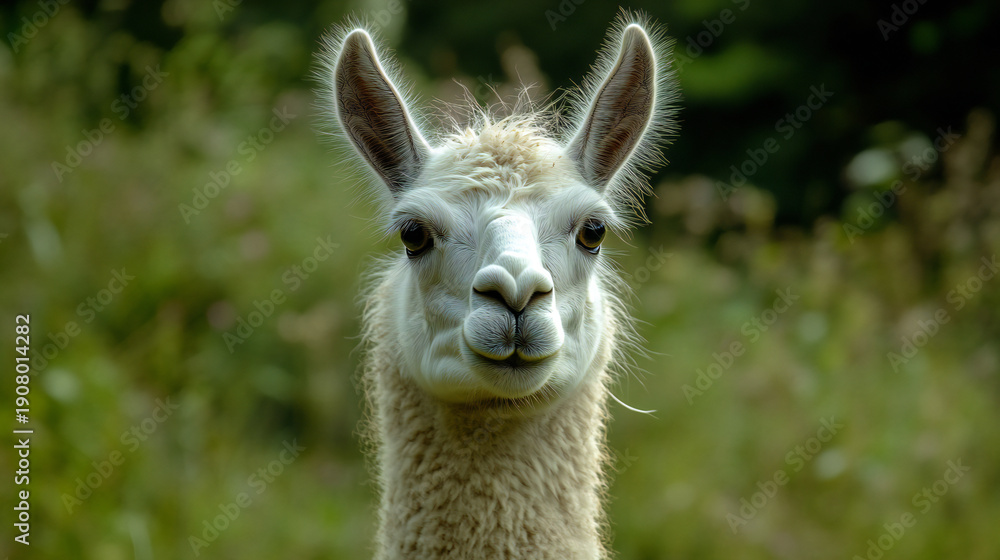 Naklejka premium Close-up of a curious white llama with a lush green blurred background capturing its expressive