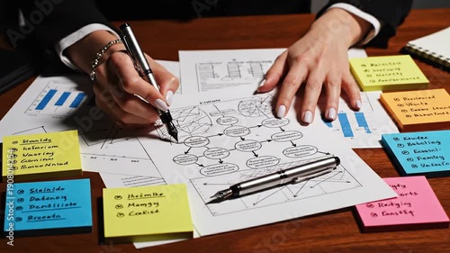 Close-up view of business strategy planning with handwritten notes, diagrams, and charts on a desk, representing analysis and decision-making.