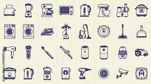 Modern household appliances and smart home electronic devices icon set