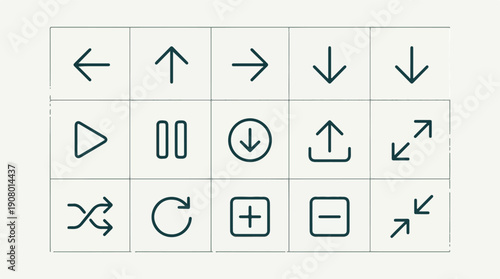 Modern collection of media player, navigation, and interface control line icons