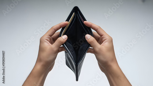 Person holding empty black leather wallet with both hands on gray background symbolizing financial struggle or poverty