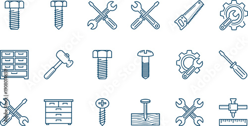 Construction, Carpentry, and Hand Tools Line Icons Set, Repair, Woodwork, Bolt, Screw, Wrench, and Home Improvement Vector Symbols