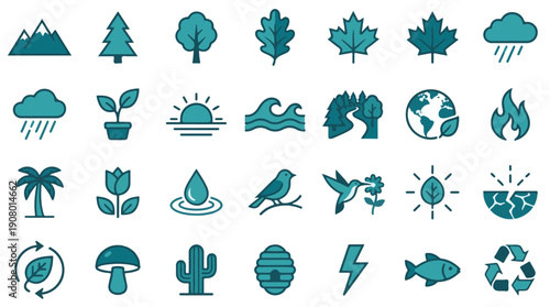 Flat Design Nature and Environment Icons: Ecology, Weather, Wildlife