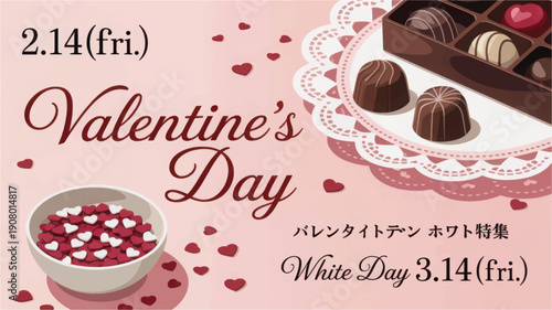 Valentine's Day Celebration with Chocolates and Hearts on a Soft Pink Background from an Overhead Viewpoint