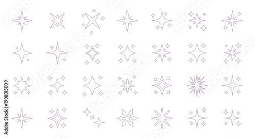 Collection of various delicate purple four-pointed and multi-pointed sparkle icons providing beautiful abstract starburst and glitter effects suitable for design.