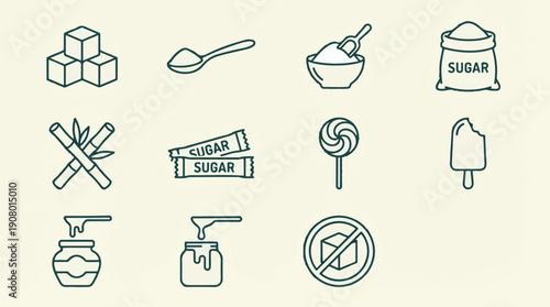 Sugar and Sweetener Icons Set: Food Ingredients, Desserts, and Health Concepts