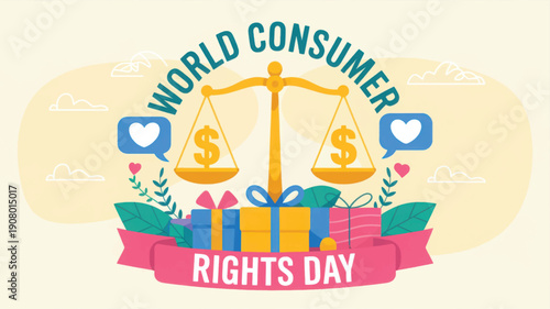Celebrating World Consumer Rights Day with Scales, Gifts, and Hearts Illustration