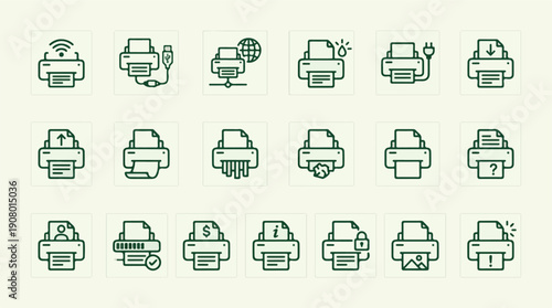 Set of printer icons with various functions and statuses in line art style