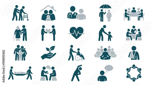 Social care, community support, and healthcare service icons collection