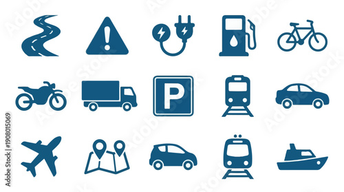 Transportation and travel related icons set on white background