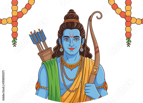 Lord Rama with Bow and Arrows, Surrounded by Festive Garlands, Hindu Deity Illustration