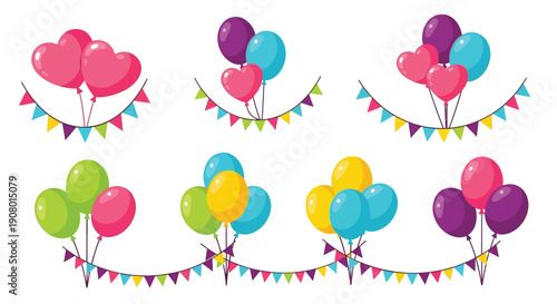 Vibrant collection of assorted colorful helium balloons clustered together with festive triangular bunting flags for joyous celebration design elements
