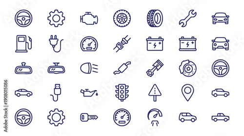Automotive service and car parts line icons set on white background