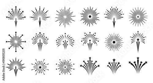 Collection of eighteen black and white graphic icons representing various styles of stylized exploding fireworks bursts perfect for celebratory designs and festive occasions.