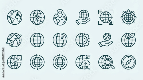Outline vector icons of globe for global technology, travel and environment