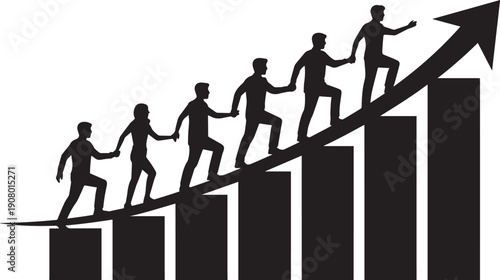 Black silhouette of people helping each other up graph with arrow teamwork group