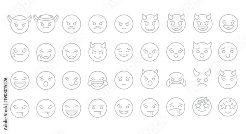 Collection of diverse white line art emoji icons featuring various expressive emotions like devil faces laughing crying dizzy and shocked on a dark background canvas