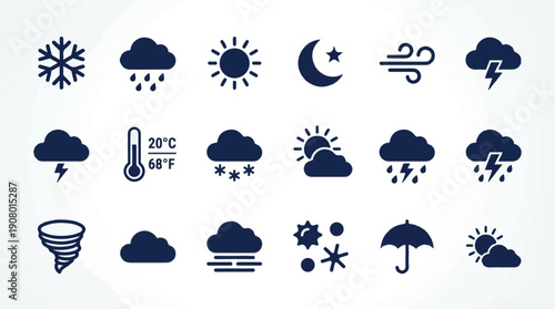 Set of various weather conditions icons for climate forecast