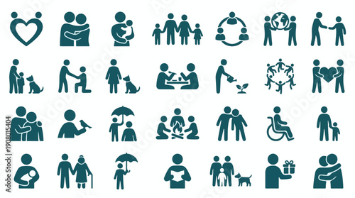 Diverse collection of people, family, and community relationship icons