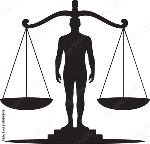 Human silhouette standing on balance scale black and white justice