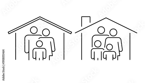 住宅に囲まれた家族のアイコンセット