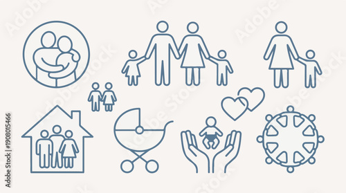 Family and Relationship Icons Set with Concepts of Love, Care, and Community