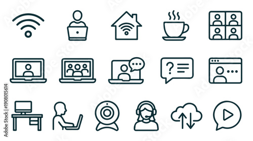 Remote work, online communication, and video conferencing line icons set