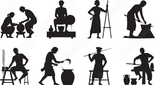 South asian traditional artisans working pottery silhouettes pottery making craftsmen