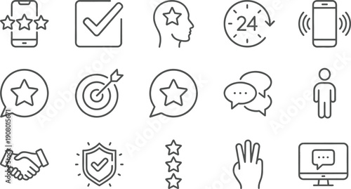 Customer satisfaction and service line icons set, rating stars, 24 hours support, business deal, verified shield, vector elements