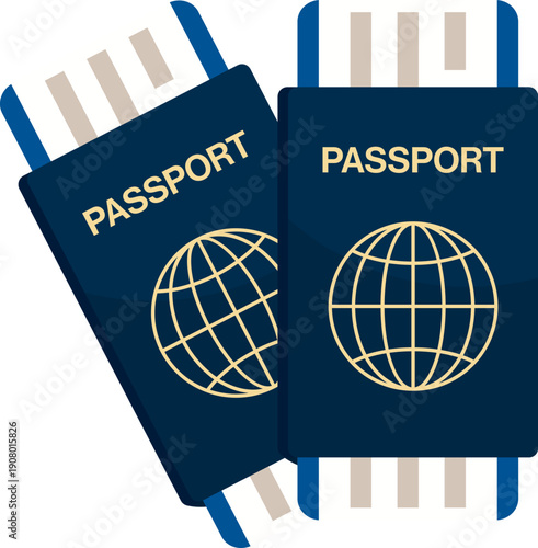 Flat illustration of two blue passports with globe icons in minimal style, representing travel and global exploration for tourism or immigration service websites.