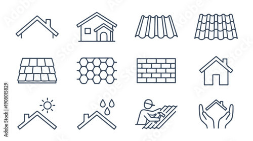 Roofing and Construction Line Icons Set - House, Tiles, Worker, Protection