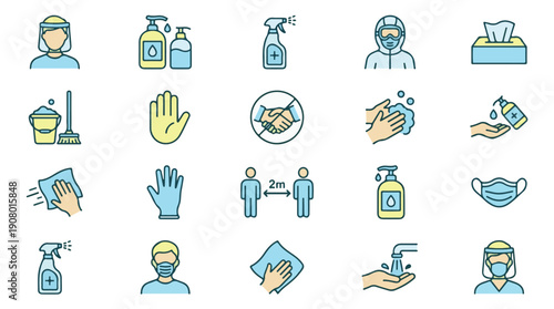Coronavirus pandemic prevention, safety, and hygiene flat vector icon set