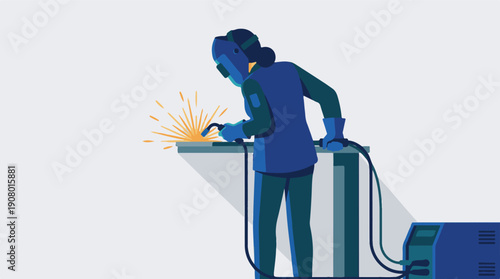 Industrial worker performing welding with protective gear and sparks