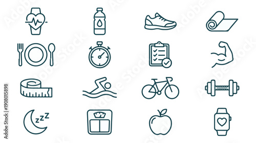 Health, fitness, and wellness line icons collection for a healthy lifestyle