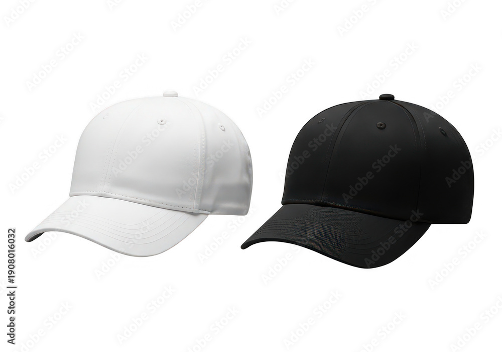 Fototapeta premium Two baseball caps one white and one black presented side by side on transparent background