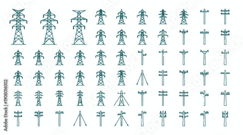 Set of various electricity pylons and power poles outline icons