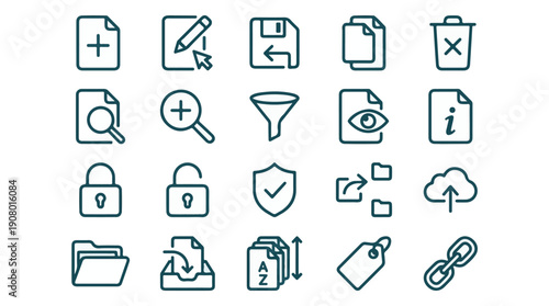 File management and data operations vector line icons collection
