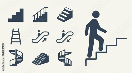 Stairs, Escalators, and Ladder Vector Icons Set for Navigation Concepts